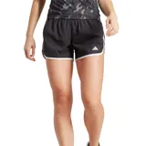 Short de running Adidas negro con cintura elástica, calza interior de malla y tres tiras blancas en los laterales.