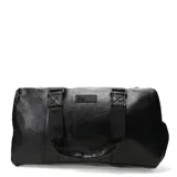 Bolso de viaje negro de cuero sintético con doble asa de mano y correa bandolera ajustable. Cuenta con un bolsillo exterior y dos bolsillos internos.