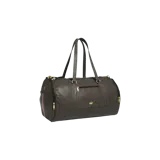 Bolso tipo duffel de cuero sintético en color negro, con detalles en herrajes dorados, doble asa superior y cierre de cremallera principal. Presenta el logotipo de Adidas en tono dorado y franjas decorativas en los laterales.