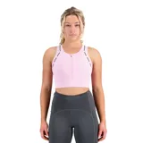 Top deportivo New Balance color rosa, con cierre frontal y tirantes anchos con detalles de líneas negras.