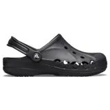 Zuecos Crocs modelo Baya, color negro, con diseño ergonómico, perforaciones para ventilación y correa pivotante en el talón. Fabricados en material Croslite moldeado, ligero y resistente al agua.