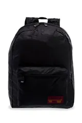 Mochila azul marino de tela lisa, plegable, con cierre de cremallera y bolsillo frontal con cierre.