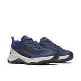 Zapatillas de senderismo Merrell Speed Strike 2 para hombre, color azul marino con detalles en gris y negro. Presentan una parte superior de malla transpirable y material sintético resistente a la abrasión, cuello acolchado y entresuela de espuma EVA ligera para mayor estabilidad. La suela de goma ofrece tracción duradera para actividades al aire libre.