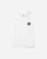 Musculosa blanca de corte clásico, con cuello redondo y diseño sin mangas. Cuenta con un pequeño estampado circular en el pecho con efecto espiral y logo de la marca.