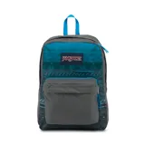 Mochila JanSport modelo Digibreak, con diseño estampado en tonos grises y azules. Cuenta con un compartimento principal amplio, un bolsillo frontal con cierre y detalles en color azul vibrante.