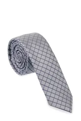 Corbatín gris claro con diseño de cuadrícula azul marino.