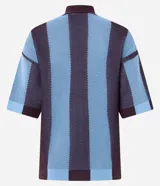 Remera de punto con diseño sportcore, cuello polo y mangas cortas amplias. Presenta un patrón de rayas verticales en tonos azul y bordó, con el número 82 estampado en el frente.