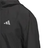 Campera deportiva Adidas Run It negra con capucha, cierre frontal completo, logo de la marca en el pecho y detalles reflectantes.