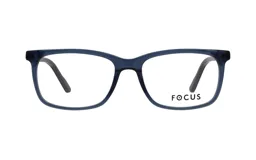 Armazón de anteojos Focus Premium modelo 4182, con marco rectangular de acetato en color azul traslúcido.