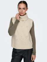 Chaleco tejido de punto color beige con cuello polera y diseño de trenzas verticales. Presenta terminaciones acanaladas en el cuello, sisas y ruedo.