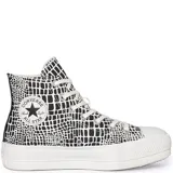 Championes Converse Chuck Taylor All Star Lift Hi con plataforma, color blanco y negro con estampado de piel de cocodrilo. Logo de Converse All Star en el lateral interno.