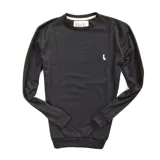 Buzo negro de punto fino tipo waffle con cuello redondo.