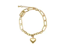 Pulsera dorada de acero con baño de oro, eslabones tipo clip y dije de corazón.