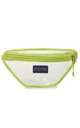 Riñonera Jansport transparente con bordes y cierre en color verde lima. Cuenta con el logo de la marca en un parche rectangular azul en el frente.