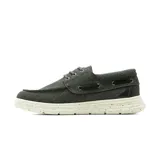 Zapato casual Hanker estilo náutico para hombre, confeccionado en lona color beige con cordones, suela blanca con efecto moteado y detalles en azul y marrón en el talón.