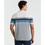 Polo de piqué a rayas horizontales en tonos de azul y blanco, con cuello clásico y tapeta de dos botones.