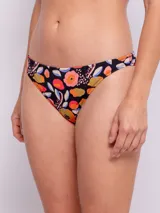 Bottom de bikini negro con estampado de flores multicolor.