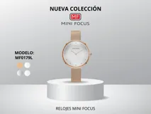 Reloj Mini Focus para mujer, con máquina japonesa, caja de metal color oro rosa, malla de acero dorada, cuadrante blanco con indicadores de hora y agujas doradas.