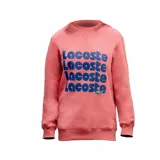 Buzo color salmón con cuello redondo y logo de Lacoste estampado en azul en el frente.