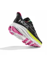Championes Hoka Clifton 9 color negro con detalles en amarillo, rosa y celeste.