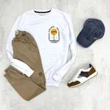 Buzo blanco de algodón con estampa en el pecho de una palmera y la frase "Tropical Loneliness - Indo Expedition".