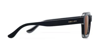 Lentes de sol cuadrados con armazón negro y lentes marrones polarizados.