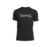 Remera negra de manga corta con logo Nike y texto "Running" en color naranja y blanco.