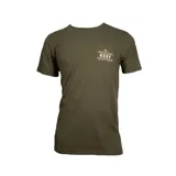 Remera Reef de manga corta y cuello redondo, color verde militar, con bolsillo frontal en el pecho que incluye estampado de la marca.