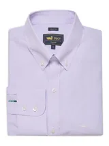 Camisa de manga larga RKF de corte regular fit, color lila con patrón de cuadros muy finos, cuello americano abotonado y cierre frontal con botones. Incluye bolsillo en el pecho con el logo de la marca bordado.