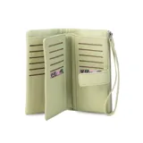 Billetera Lincoln's de mujer en color negro, confeccionada en símil cuero con textura granulada. Presenta un diseño rectangular con cierre de broche, bolsillo frontal con cierre metálico, correa de mano extraíble y logo de la marca grabado en el frente.