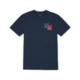 Remera azul marino de manga corta con logo de la marca éS y estampado de dos letras M en azul y rojo en el pecho.
