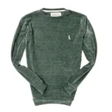 Buzo verde de chenille con cuello redondo y logo bordado en el pecho.