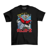 Remera negra de algodón con estampado frontal del personaje Mazinger Z en estilo anime, con letras en japonés y fondo azul.