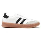 Championes deportivos American Sport modelo Resh 2.0, color blanco con detalles en negro y suela marrón. Presentan las tres tiras laterales en negro y refuerzo en el talón en cuero sintético negro.