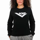 Buzo negro de cuello redondo marca Pony, con logo estampado en el frente.