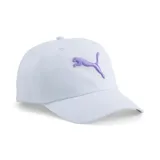 Gorra de béisbol Puma color celeste con logo de gato bordado en lila.