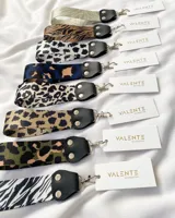 Llavero con cinta de tela estampada con diseño de cebra en tonos grises. Tiene un conector de cuero sintético negro con remaches metálicos y un gancho mosquetón plateado.