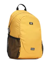 Mochila Caterpillar modelo Tokyo Urban Backpack en color amarillo, confeccionada en poliéster con revestimiento. Cuenta con un compartimento principal, bolsillos laterales de malla negra, asa superior y detalles de la marca en contraste.