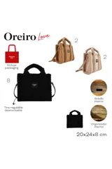 Cartera tipo tote bag de Las Oreiro, confeccionada en material efecto gamuza color beige con detalles de textura tipo corderito en las asas y bordes. Incluye un parche frontal con el logo de la marca y correa ajustable.