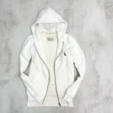 Campera blanca con capucha y cierre, de algodón con felpa.