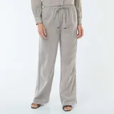 Pantalón wide leg de mezcla de lino color beige con rayas verticales finas en marrón.