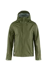 Campera verde militar impermeable con capucha ajustable, cierre frontal con botones a presión y dos bolsillos laterales con solapa.
