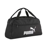 Bolso deportivo Puma Phase Small color negro con logo blanco estampado. Cuenta con un compartimento principal con cierre, un bolsillo lateral de malla y doble asa de mano.