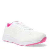 Championes deportivos de mujer con diseño de malla transpirable en color blanco y detalles en fucsia. Presentan cierre con cordones, suela blanca con amortiguación y base de contacto en color fucsia.