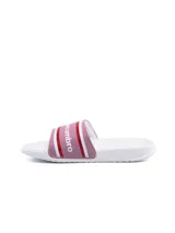 Ojotas de diseño deslizante Umbro modelo Ports, con base blanca y tira ancha en color rosado con rayas rojas y blancas, y el logotipo de la marca estampado.