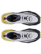 Championes Under Armour modelo UA Halo Racer, color blanco con detalles en azul marino y amarillo, con entresuela amortiguada de alto rendimiento, ideal para running.