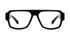Lentes con armazón negro de diseño geométrico y parte superior plana, equipados con protección de luz azul.