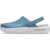 Zuecos Crocs modelo InMotion LiteRide Clog, de color gris en la parte superior perforada con tira trasera pivotante y suela gruesa de plataforma en color blanco con detalles negros.