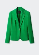 Blazer negro entallado de punto roma con solapas de muesca, hombros estructurados, abertura posterior y dos bolsillos de ribete delanteros.