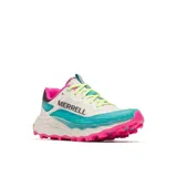 Championes de trail running Merrell modelo Agility Peak 6 para mujer, color blanco con detalles en celeste, fucsia y verde lima, con suela Vibram.